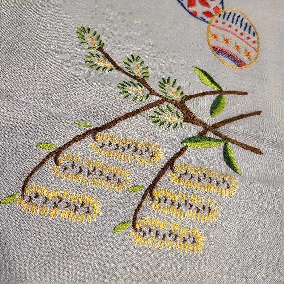 Linen 33x34" Tablecloth Handmade Ukraine Eggs Butterfly Flowers Blue Colorful - Picture 6 of 13